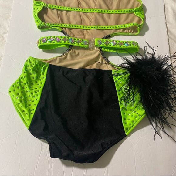 Glamour solo dance costume neon green Feather rhinestone embellished leotard MA - Picture 5 of 13